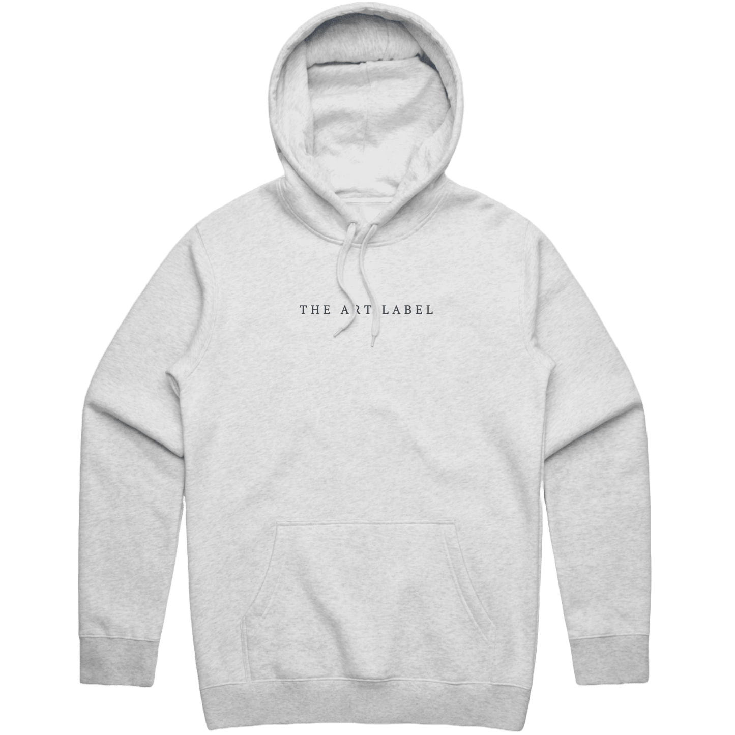 White Marle hoodie with a Navy 'The Art Label' logo printed on wearable art