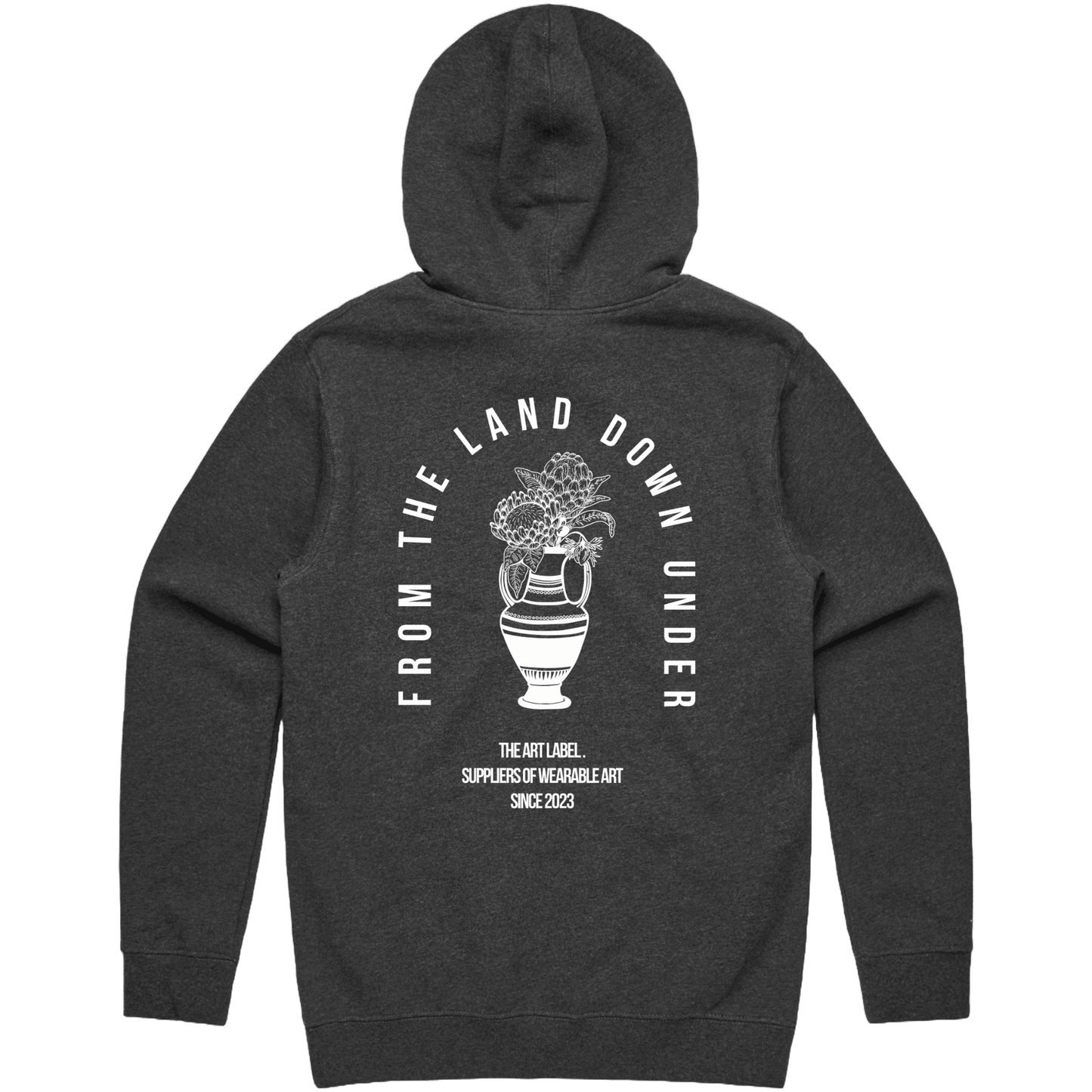 Asphalt Marle hoodie with white 'FROM THE LAND DOWN UNDER' text printed on wearable art