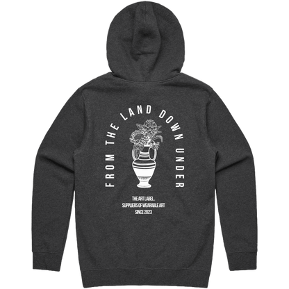 Asphalt Marle hoodie with white 'FROM THE LAND DOWN UNDER' text printed on wearable art
