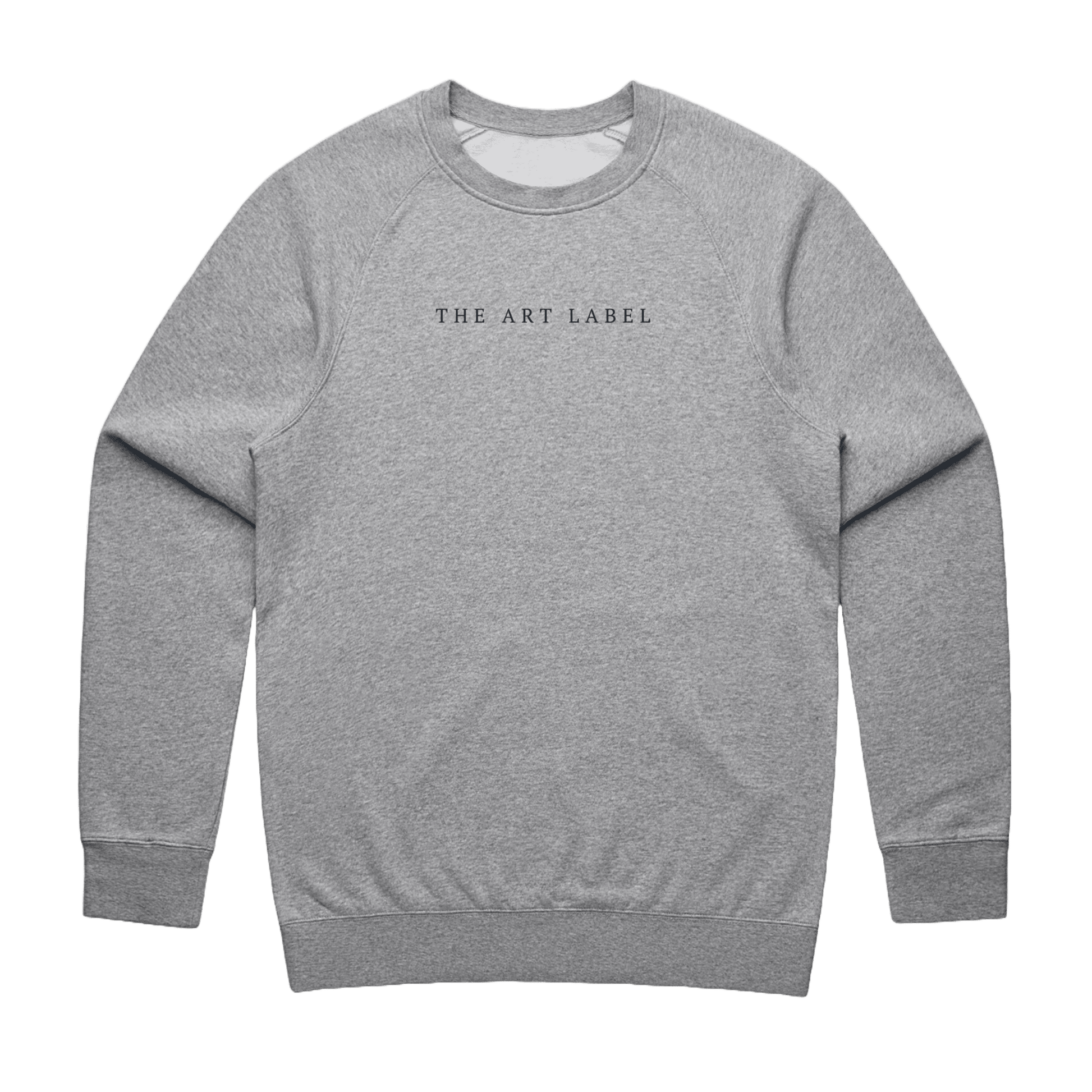 Grey Marle sweatshirt with 'THE ART LABEL' logo printed on wearable art
