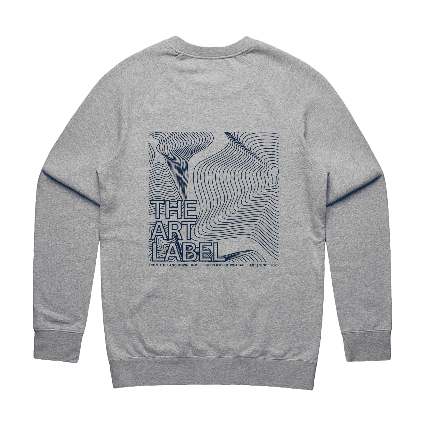 Grey Marle sweatshirt with Frequency-styled 'The Art Label' design printed on the back of wearable art