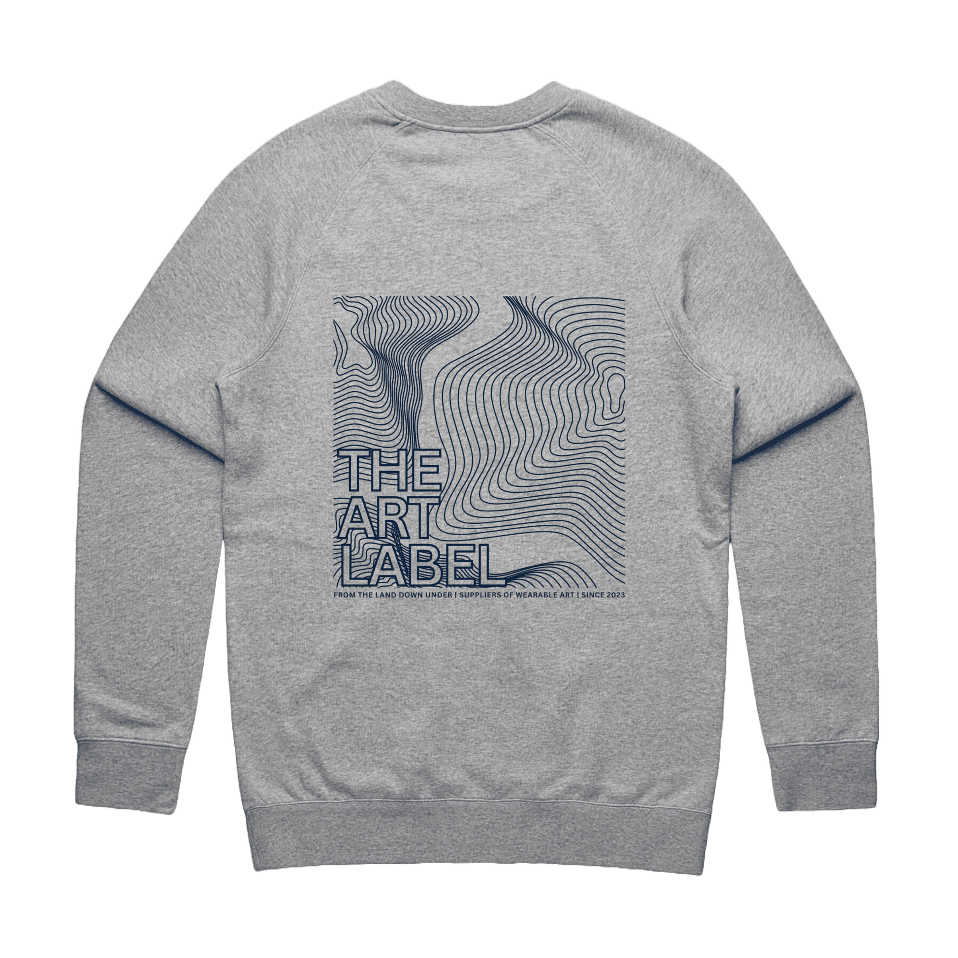 Grey Marle sweatshirt with Frequency-styled 'The Art Label' design printed on the back of wearable art