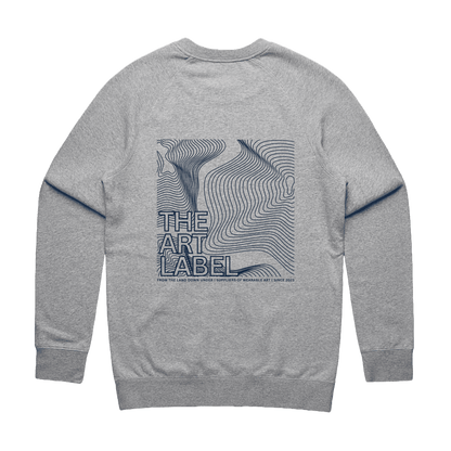 Grey Marle sweatshirt with Frequency-styled 'The Art Label' design printed on the back of wearable art