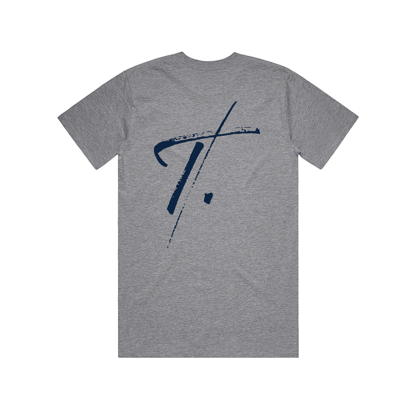 Grey Marle t-shirt with navy 'T.' printed on wearable art