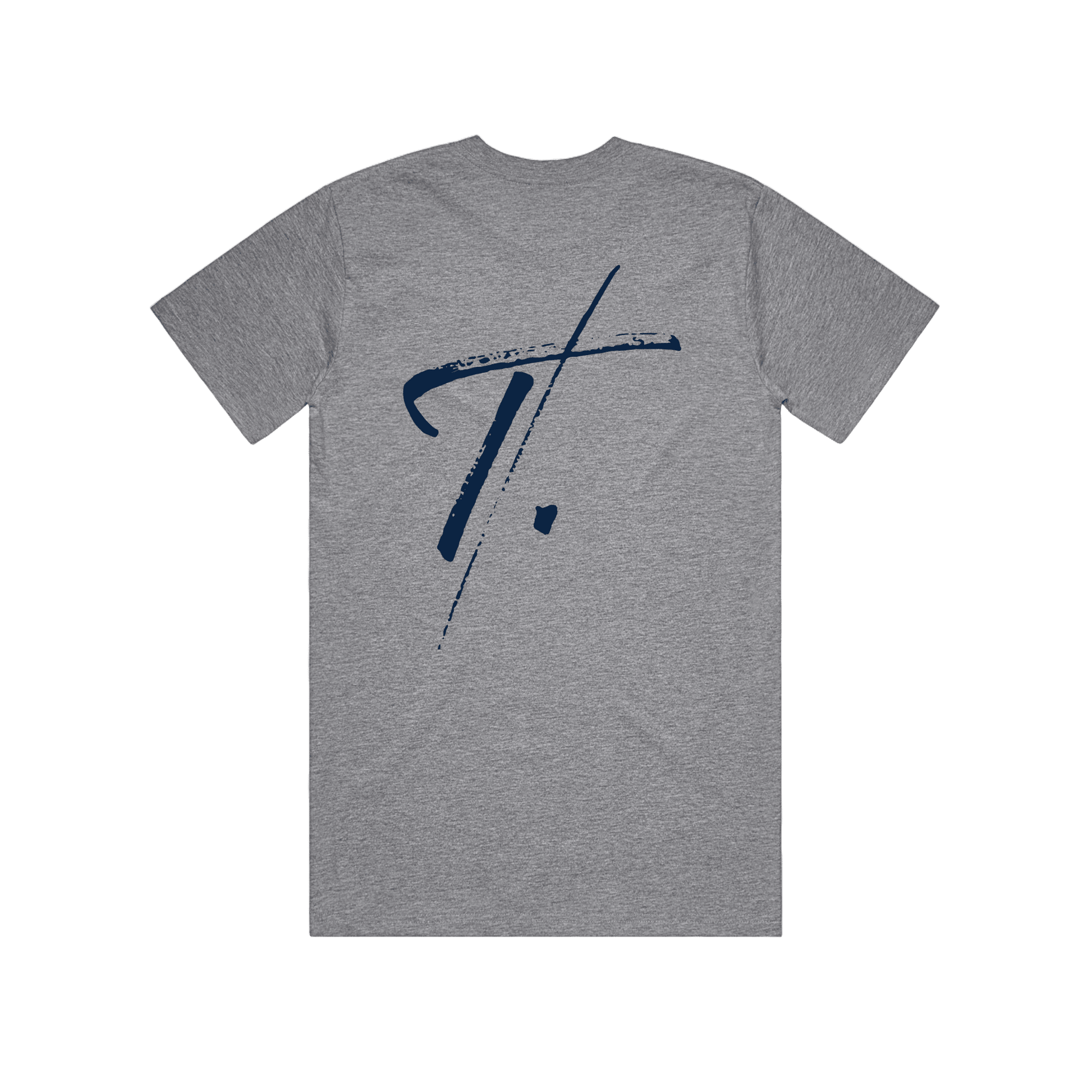 Grey Marle t-shirt with navy 'T.' printed on wearable art