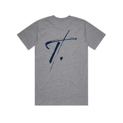 Grey Marle t-shirt with navy 'T.' printed on wearable art