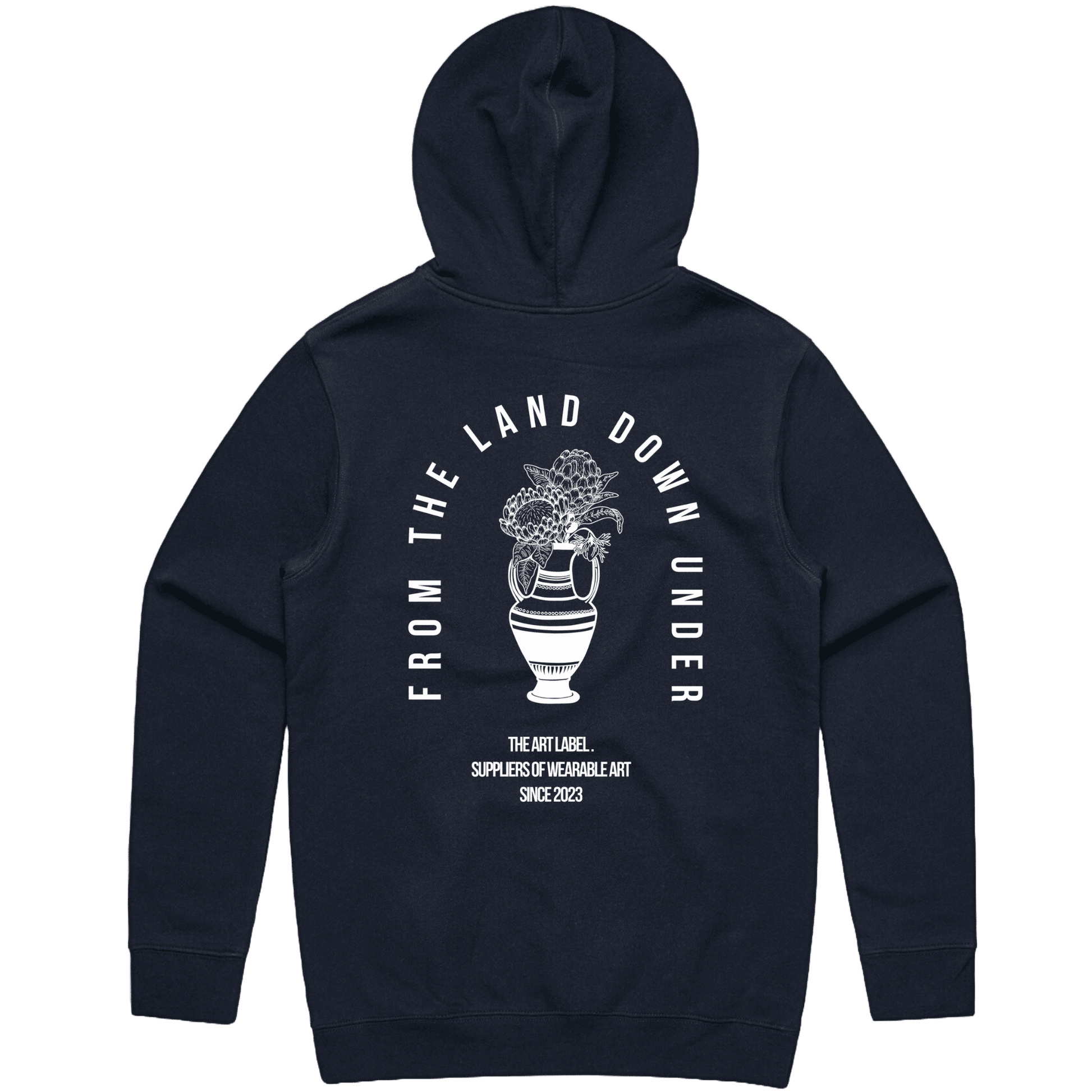 Navy hoodie with White 'FROM THE LAND DOWN UNDER' text printed on wearable art