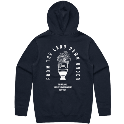Navy hoodie with White 'FROM THE LAND DOWN UNDER' text printed on wearable art