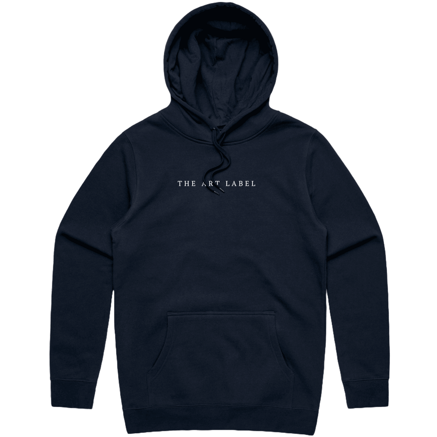 Navy hoodie with a White 'The Art Label' logo printed on wearable art
