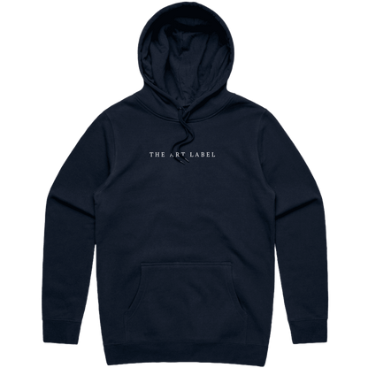 Navy hoodie with a White 'The Art Label' logo printed on wearable art