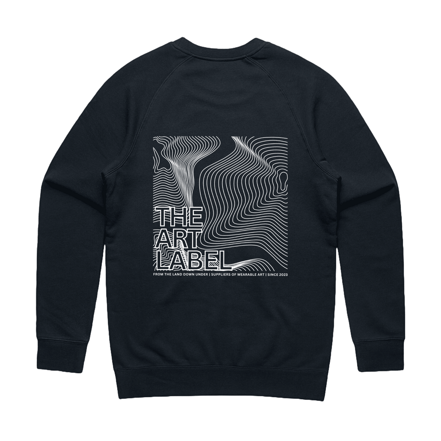 Navy sweatshirt with Frequency-styled 'The Art Label' design printed on the back of wearable art