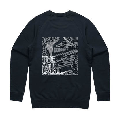 Navy sweatshirt with Frequency-styled 'The Art Label' design printed on the back of wearable art
