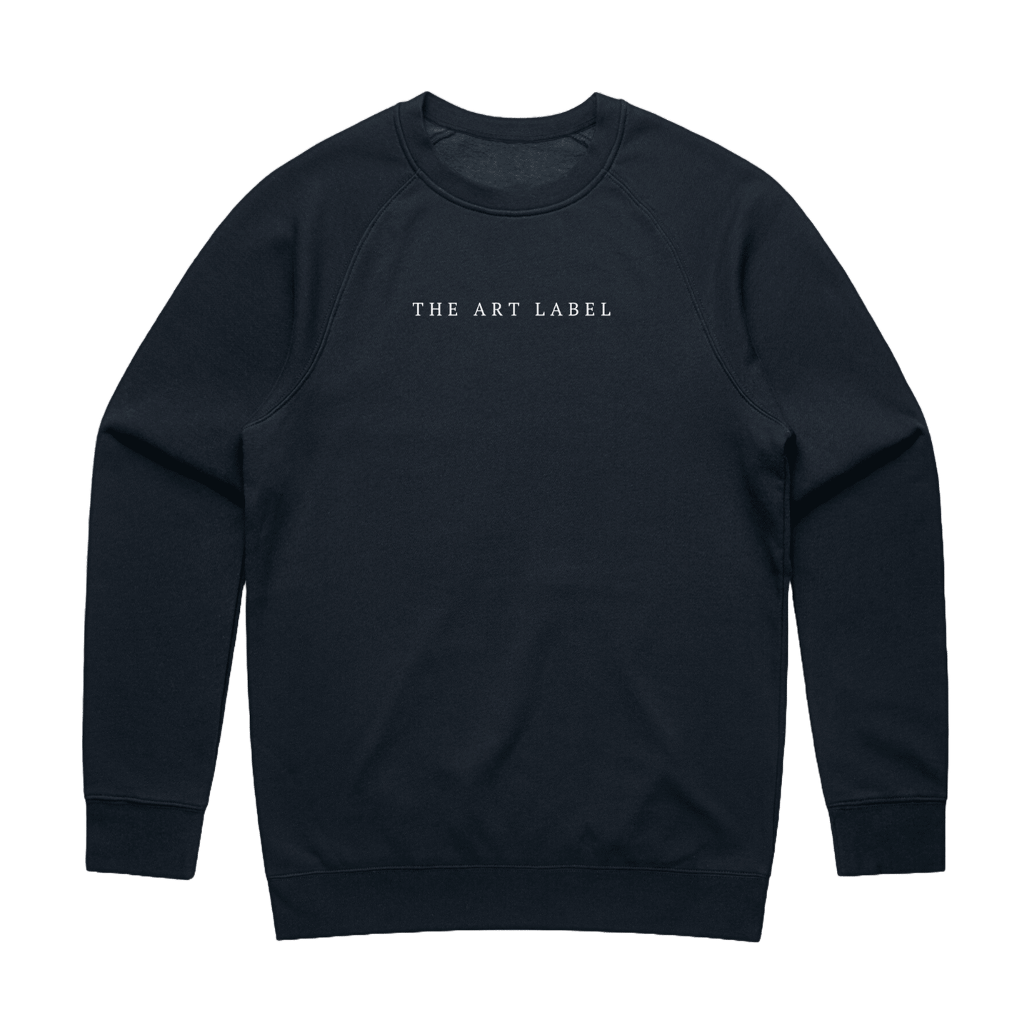 Navy sweatshirt with 'THE ART LABEL' logo printed on wearable art