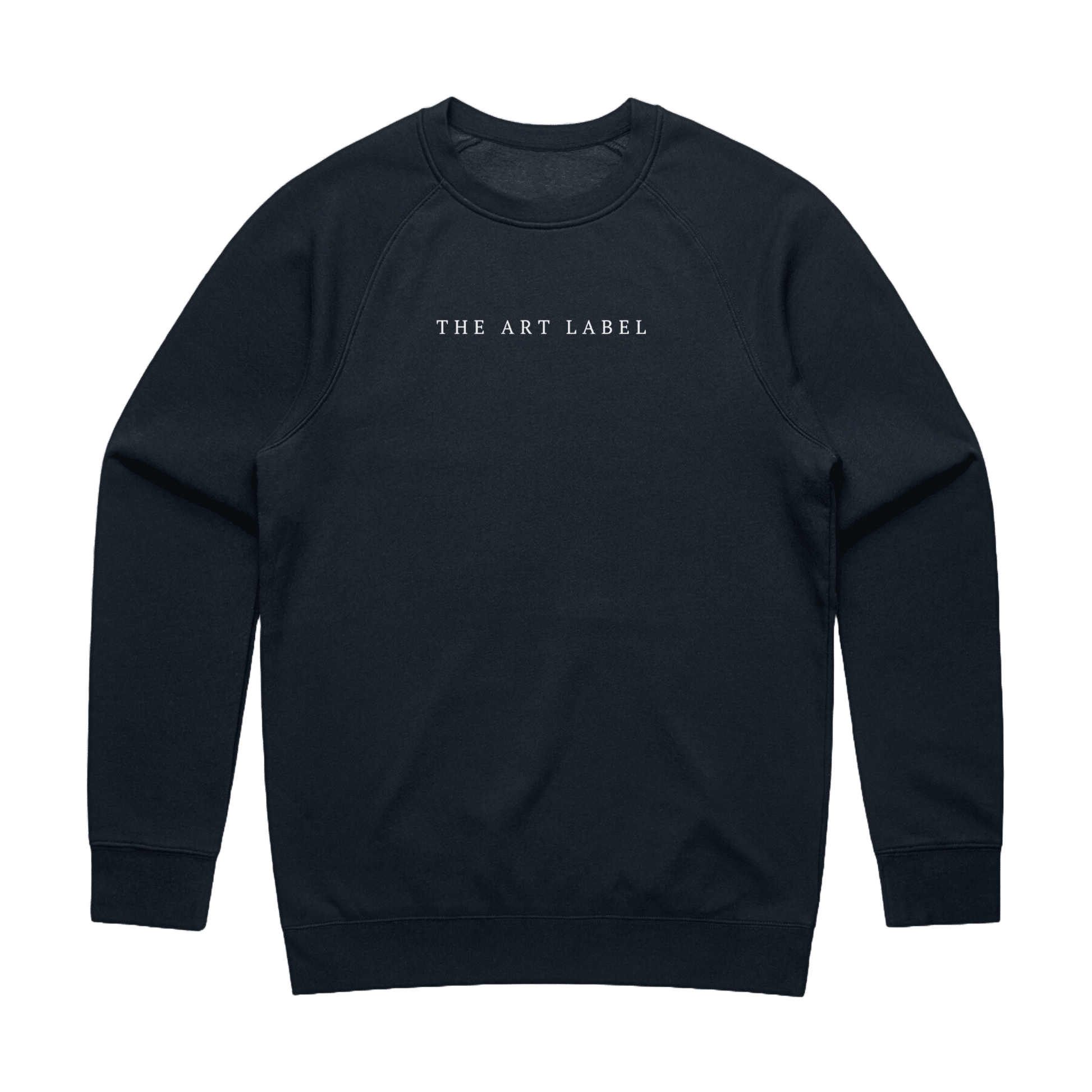 Navy sweatshirt with 'THE ART LABEL' logo printed on wearable art