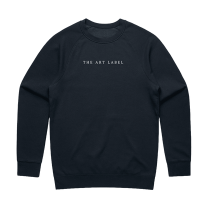 Navy sweatshirt with 'THE ART LABEL' logo printed on wearable art