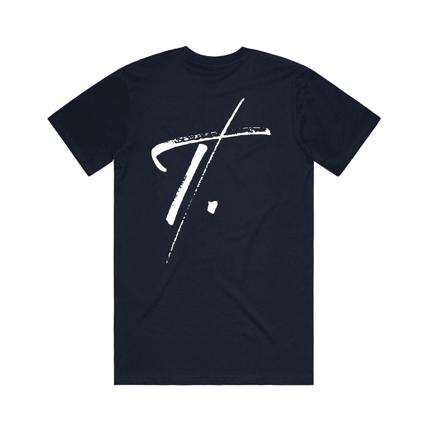 Navy t-shirt with white 'T.' printed on wearable art
