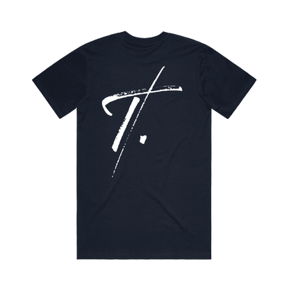 Navy t-shirt with white 'T.' printed on wearable art