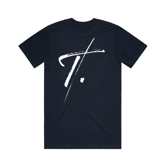Navy t-shirt with white 'T.' printed on wearable art