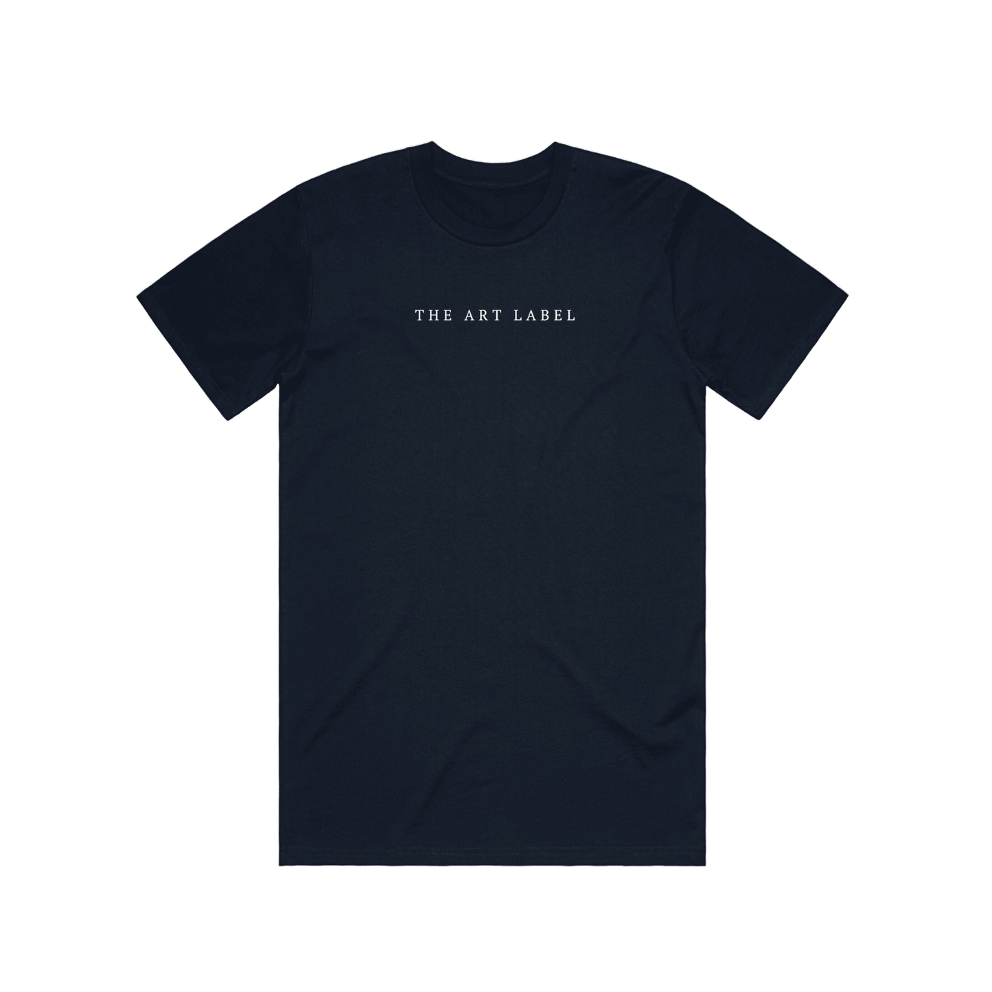 Navy t-shirt with 'THE ART LABEL' logo printed on wearable art