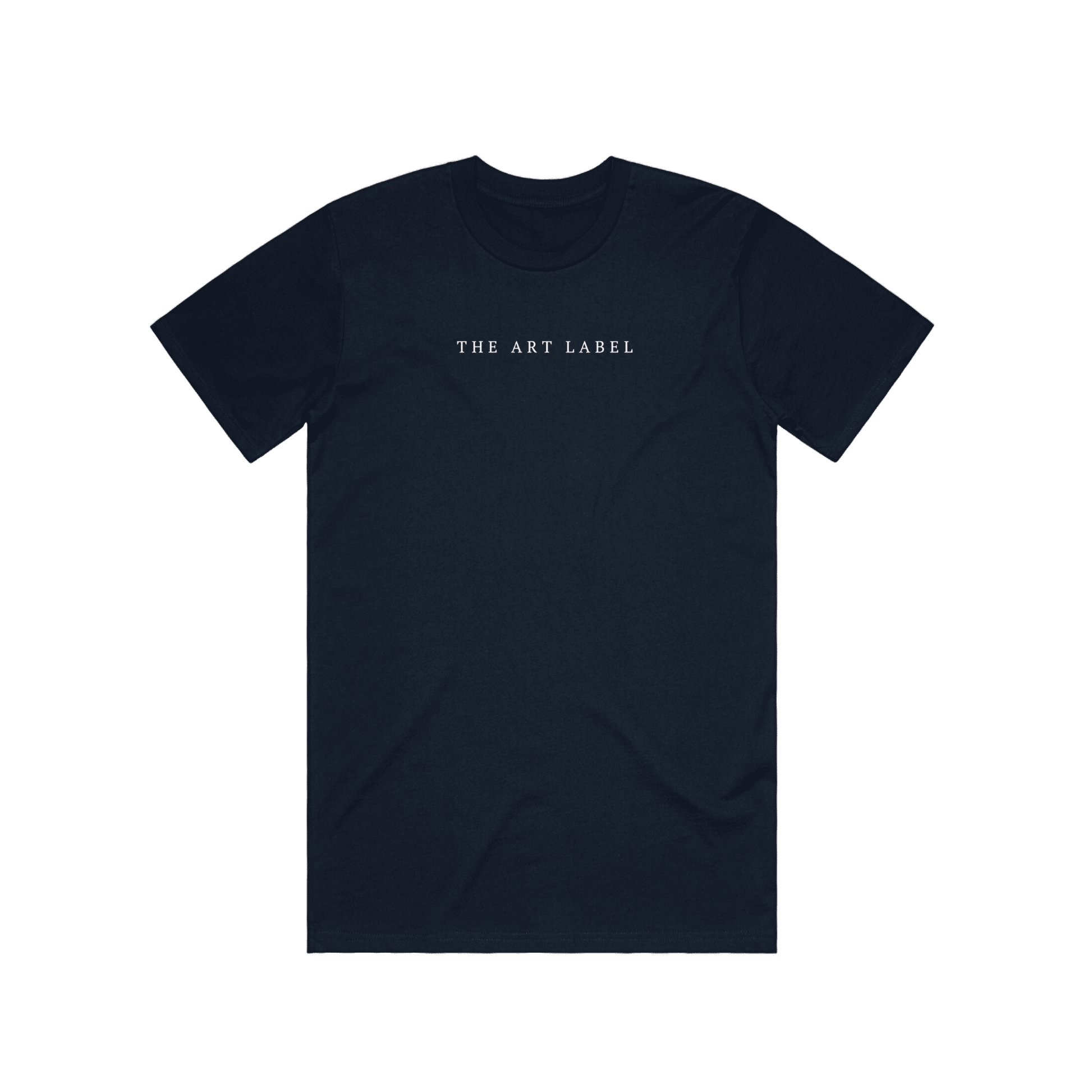 Navy t-shirt with 'THE ART LABEL' logo printed on wearable art