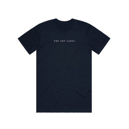 Navy t-shirt with 'THE ART LABEL' logo printed on wearable art