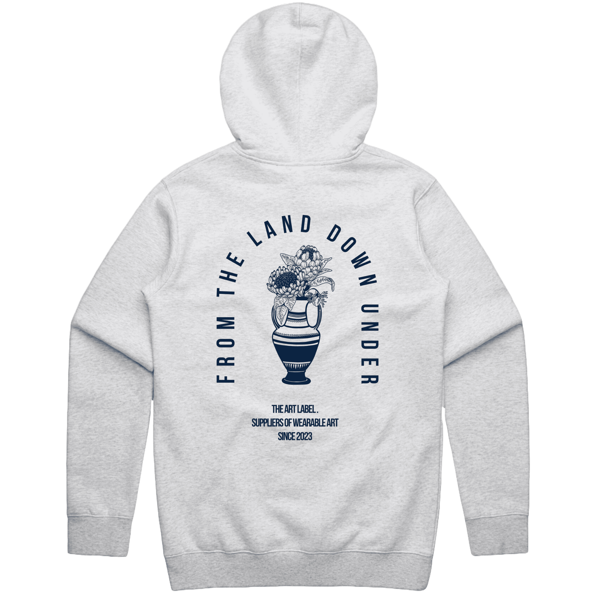 White Marle hoodie with Navy 'FROM THE LAND DOWN UNDER' text printed on wearable art