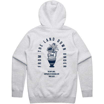 White Marle hoodie with Navy 'FROM THE LAND DOWN UNDER' text printed on wearable art