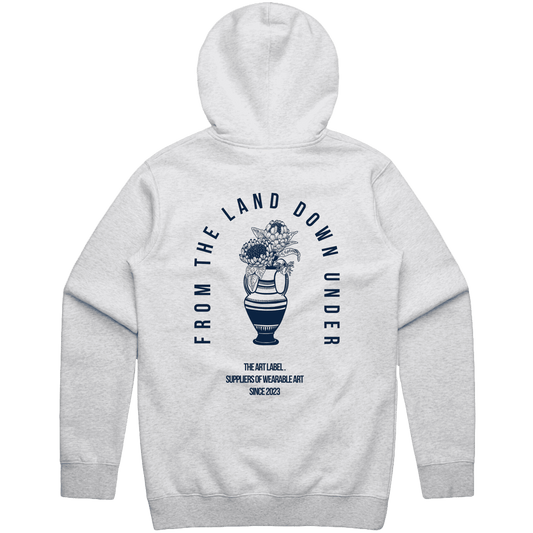White Marle hoodie with Navy 'FROM THE LAND DOWN UNDER' text printed on wearable art