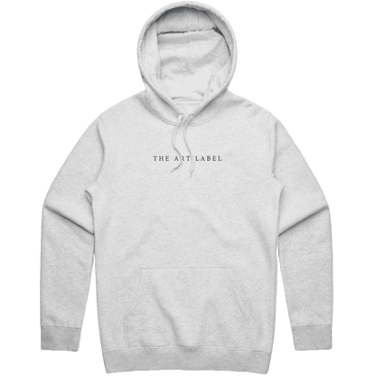 White Marle hoodie with a Navy 'The Art Label' logo printed on wearable art