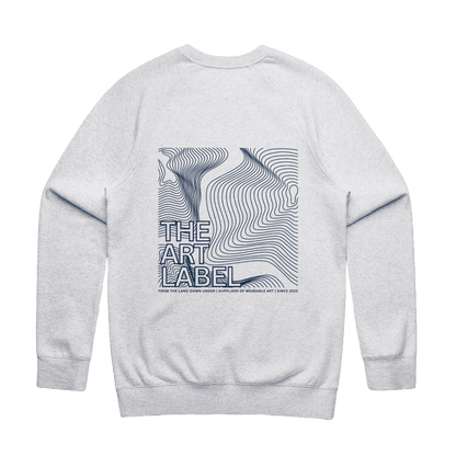 White Marle sweatshirt with Frequency-styled 'The Art Label' design printed on the back of wearable art