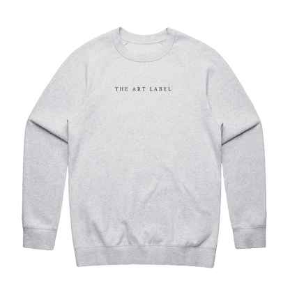 White Marle sweatshirt with 'THE ART LABEL' logo printed on wearable art