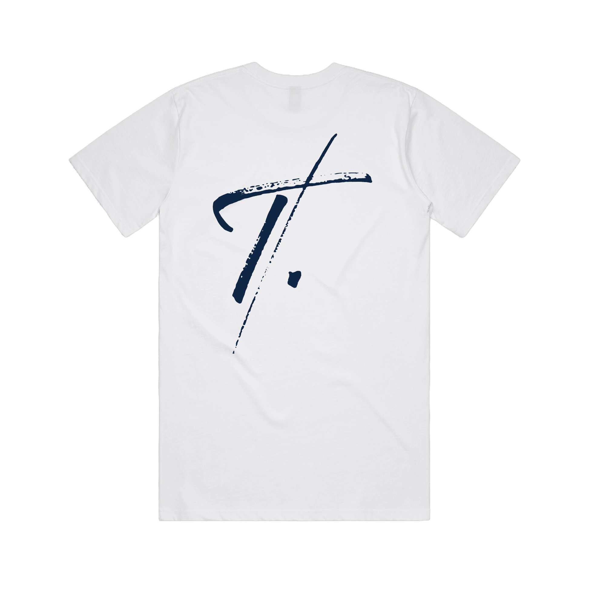 White t-shirt with navy 'T.' printed on wearable art