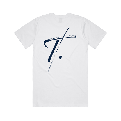 White t-shirt with navy 'T.' printed on wearable art