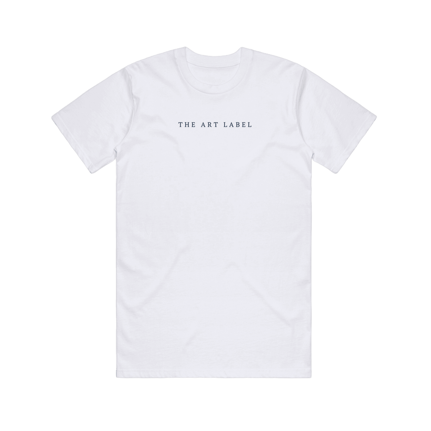 White t-shirt with 'THE ART LABEL' logo printed on wearable art 
