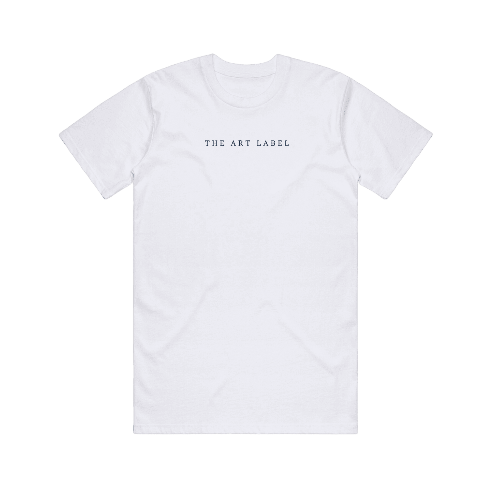 White t-shirt with 'THE ART LABEL' logo printed on wearable art 