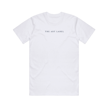White t-shirt with 'THE ART LABEL' logo printed on wearable art 